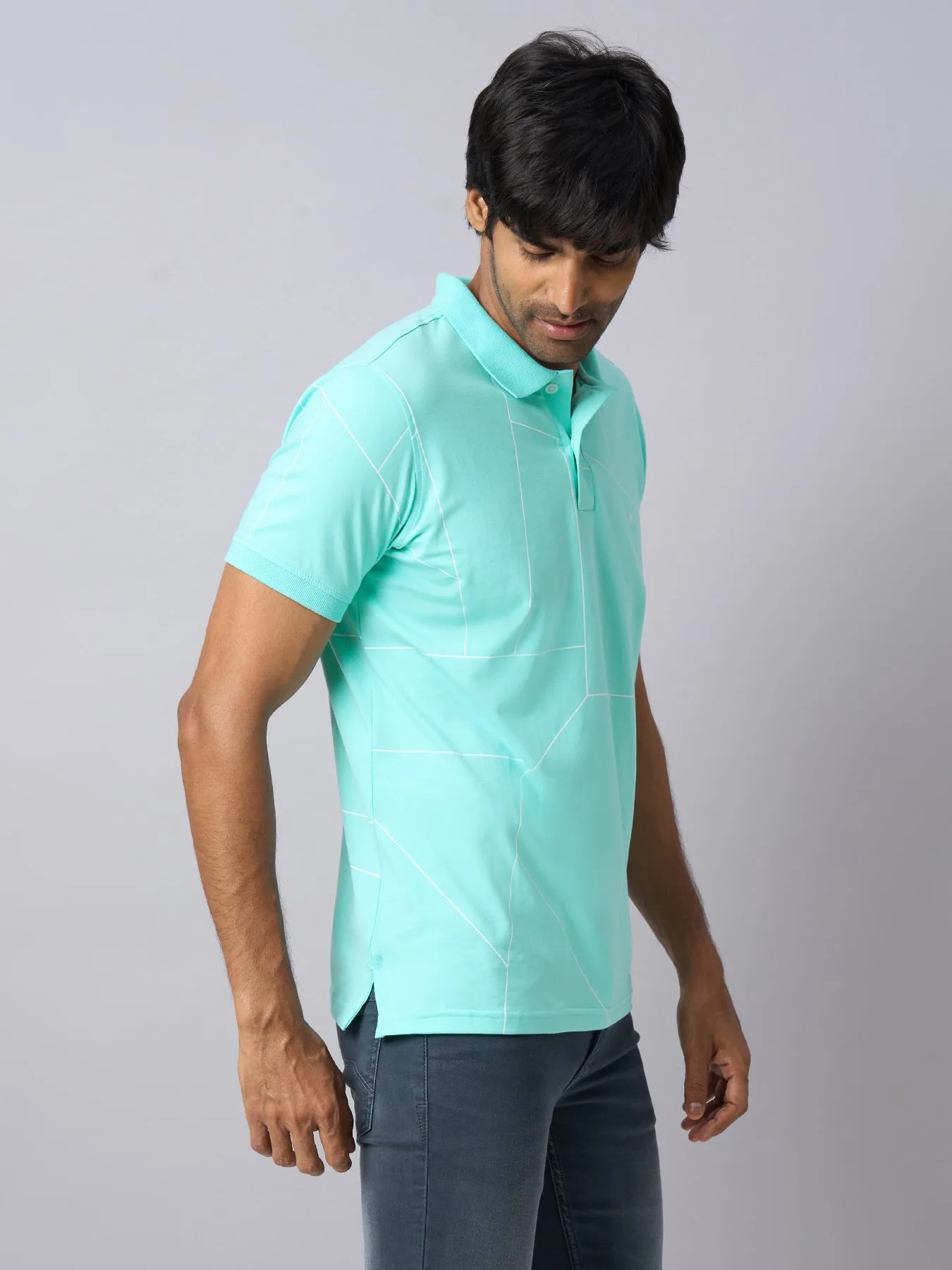 Knitted Aqua Blue Printed Polo Neck Half Sleeve Casual T-Shirt