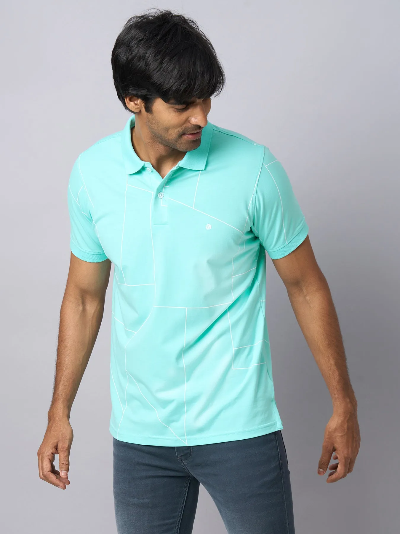 Knitted Aqua Blue Printed Polo Neck Half Sleeve Casual T-Shirt