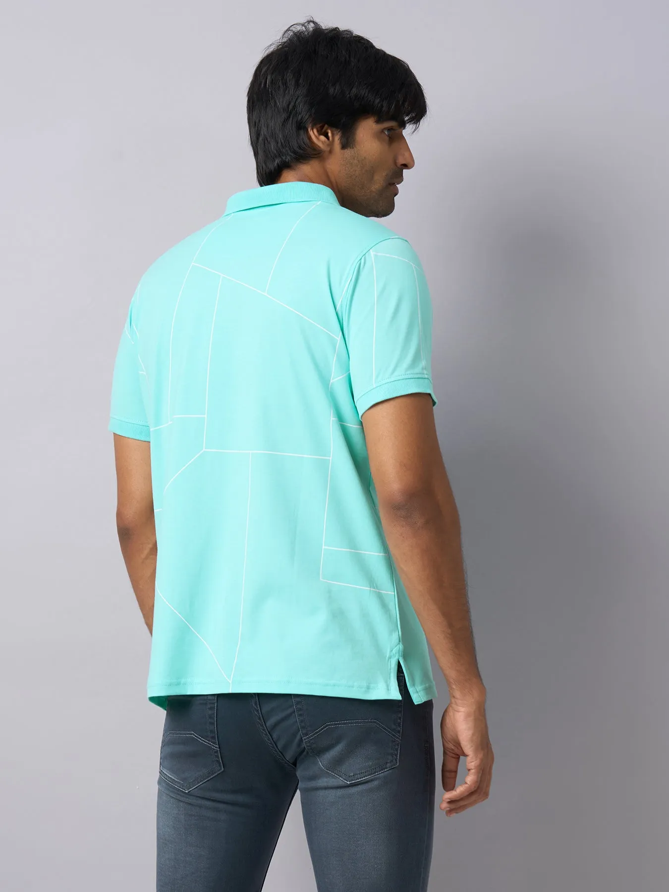 Knitted Aqua Blue Printed Polo Neck Half Sleeve Casual T-Shirt