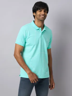 Knitted Aqua Blue Printed Polo Neck Half Sleeve Casual T-Shirt