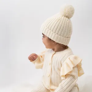 Knitted Baby Hat with Pompom - Cream