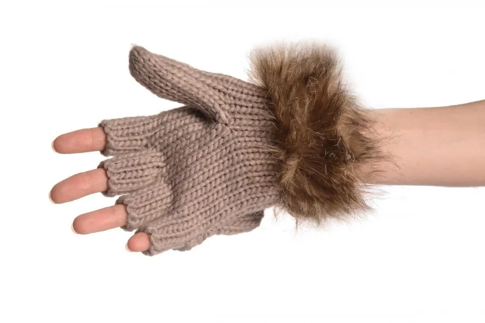 Knitted Beige Grey Fingerless Flip Gloves With Faux Fur