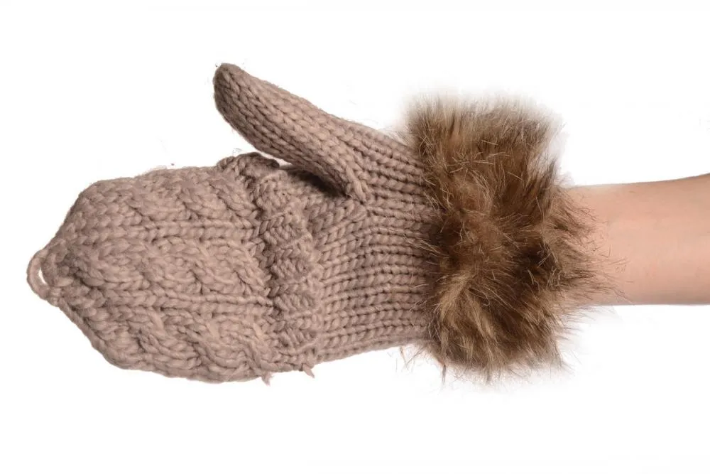 Knitted Beige Grey Fingerless Flip Gloves With Faux Fur