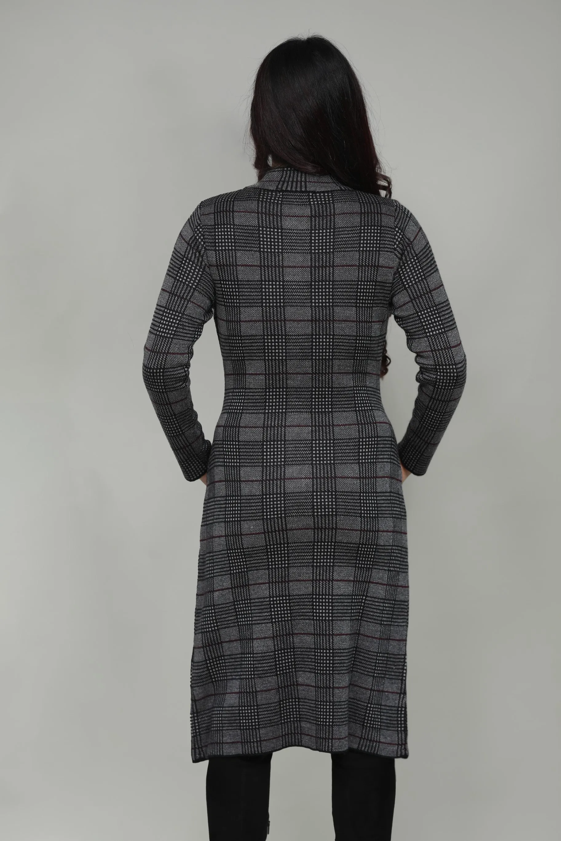 Knitted Check Round Neck Long Coat For Women