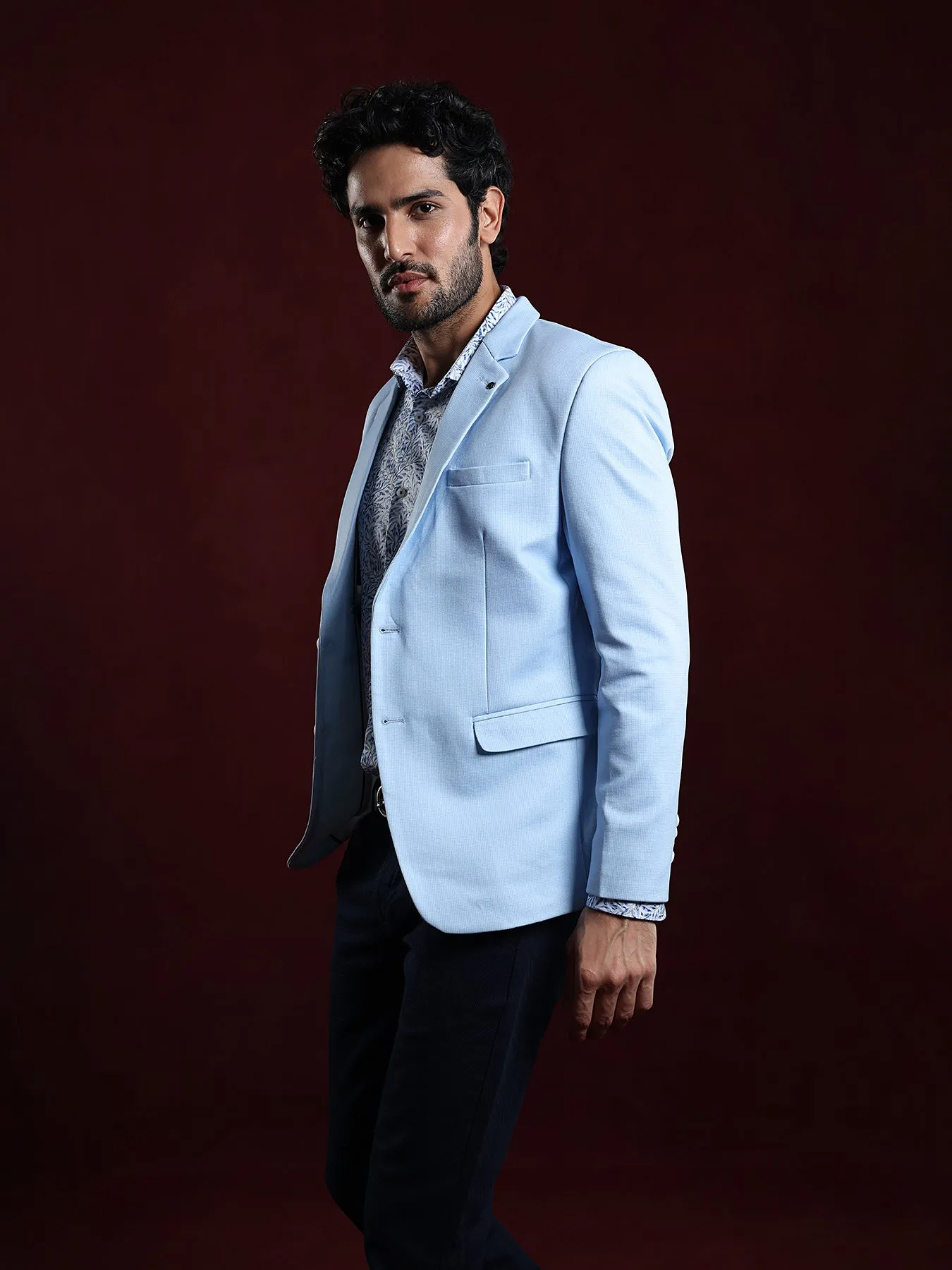 Knitted Light Blue Dobby Slim Fit Full Sleeve Casual Blazer