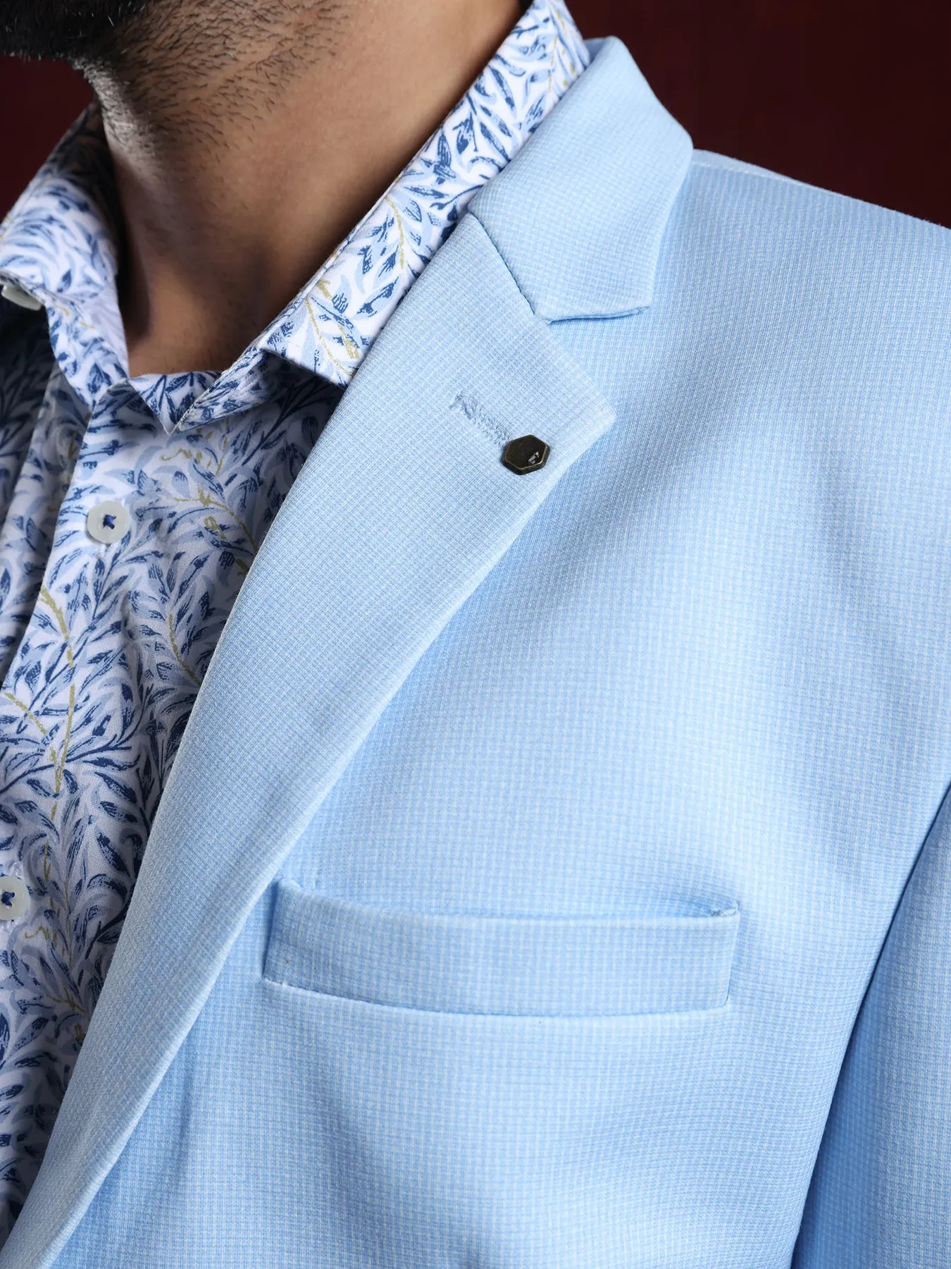 Knitted Light Blue Dobby Slim Fit Full Sleeve Casual Blazer