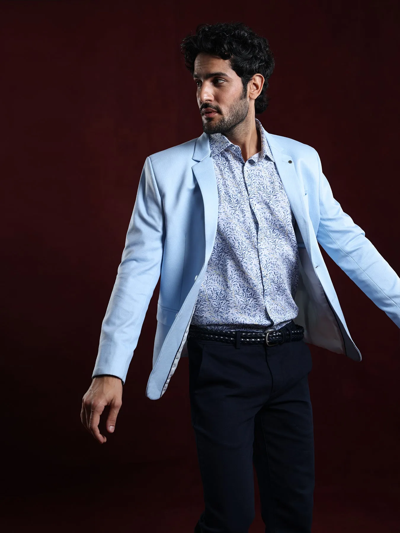 Knitted Light Blue Dobby Slim Fit Full Sleeve Casual Blazer