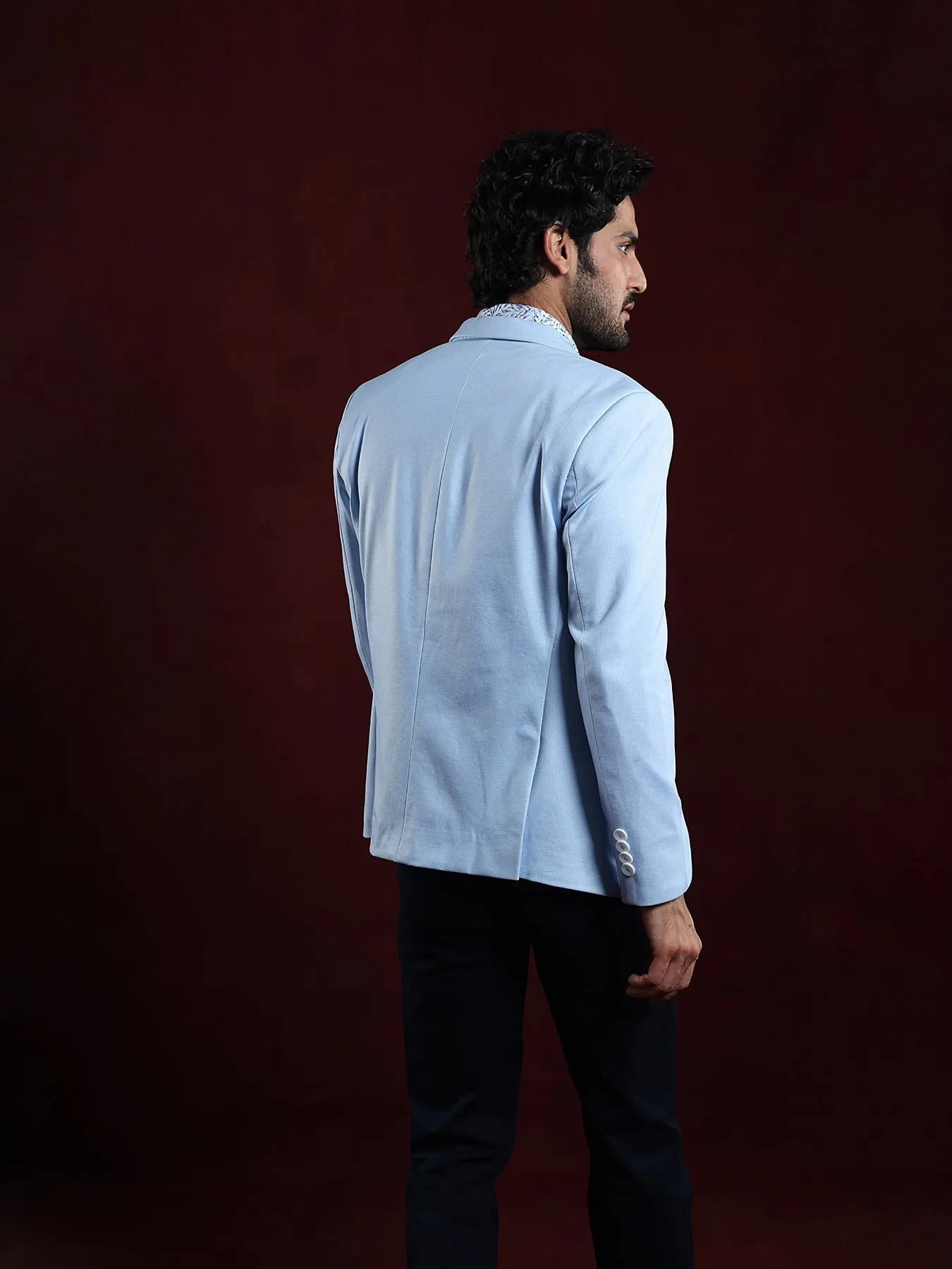 Knitted Light Blue Dobby Slim Fit Full Sleeve Casual Blazer