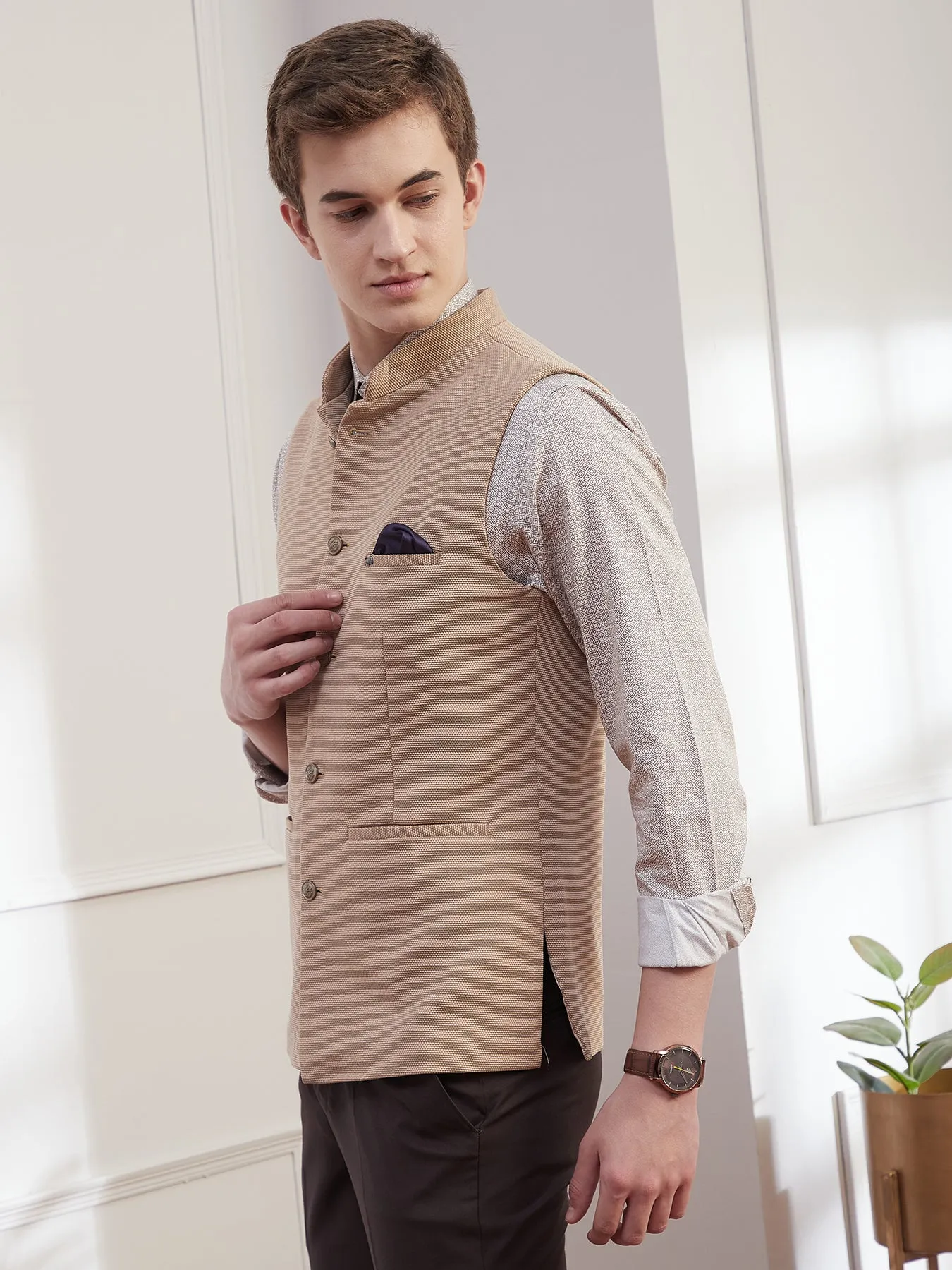 Knitted Terry Rayon Khaki Dobby Slim Fit Sleeve Less Ceremonial Nehru Jacket