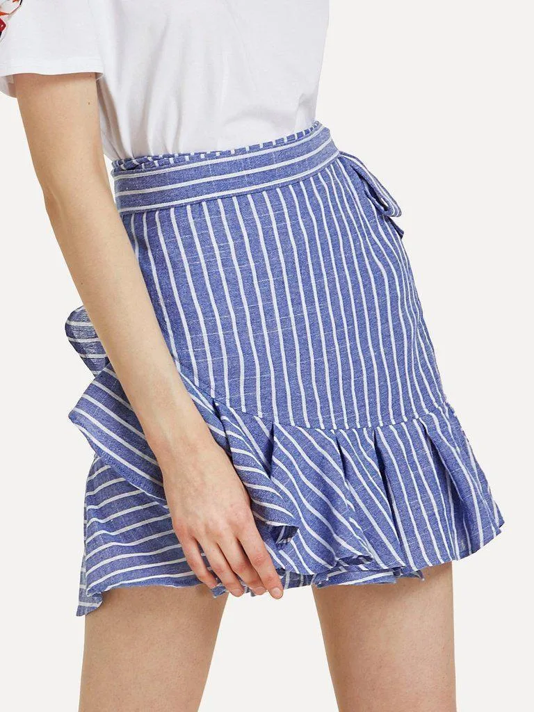 Knot Side Striped Ruffle Hem Skirt