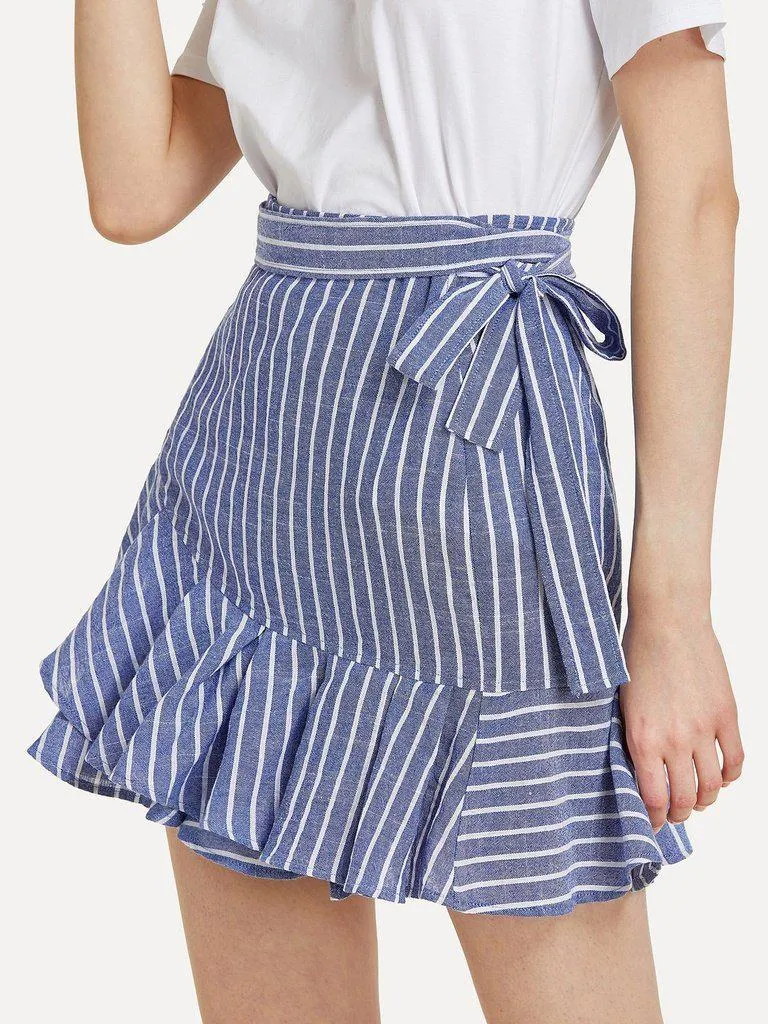 Knot Side Striped Ruffle Hem Skirt