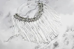 Knotted Fabric Fringe Trim with Metallic Silver Beads