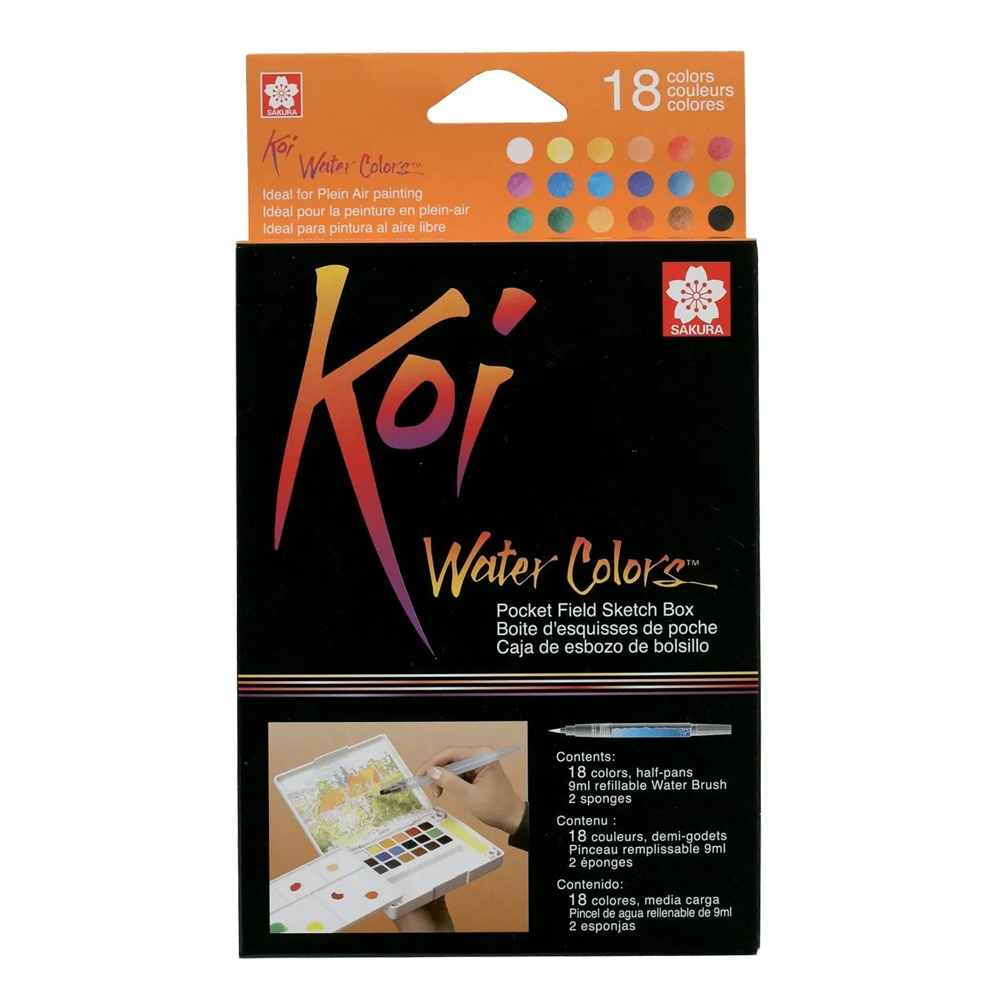 Koi Watercolour Pocket Field Sketch Box - 18 Colours   Water Brush*