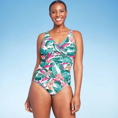 Kona Sol Women's Front Wrap One Piece Swimsuit Tummy Control Swimwear