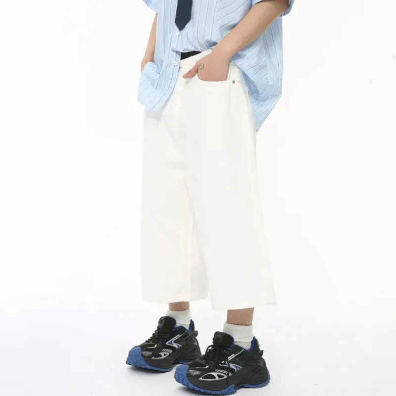 Korean Design Male Jeans Calf-length Pants Loose Wide Leg Trousers Straight Solid Color Male Bottom Summer 9C6431