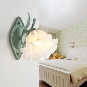 Korean Flower Metal Scalloped Bedroom Sconce Lamp with Gray and Green Wall Lighting