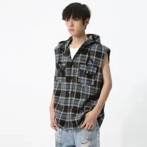 Korean Style Male Jackets Contrast Color Plaid Hooded Design Sleeveless Pullover Men's Coats Summer Trend  9C6723