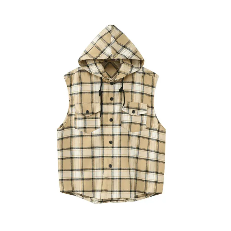 Korean Style Male Jackets Contrast Color Plaid Hooded Design Sleeveless Pullover Men's Coats Summer Trend  9C6723