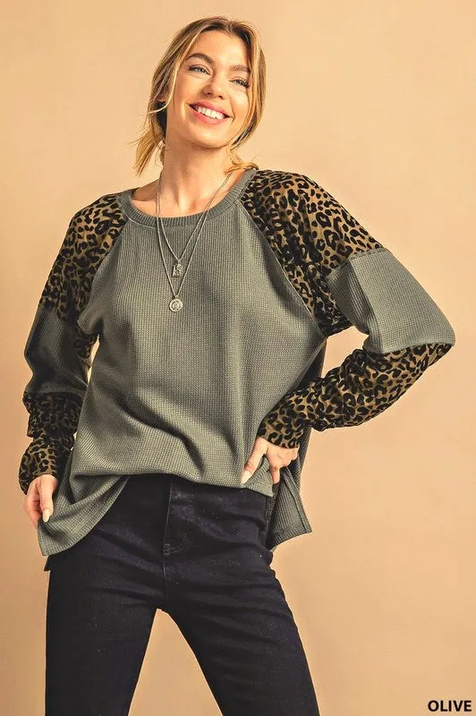 Kori Animal Thermal Long Sleeve Tee Top - Olive