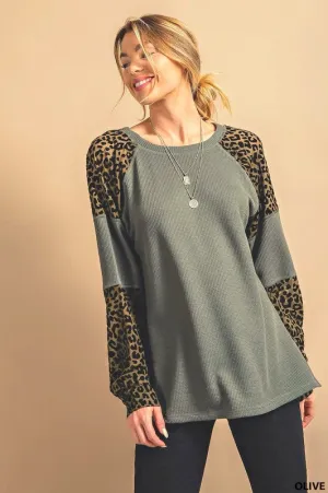 Kori Animal Thermal Long Sleeve Tee Top - Olive