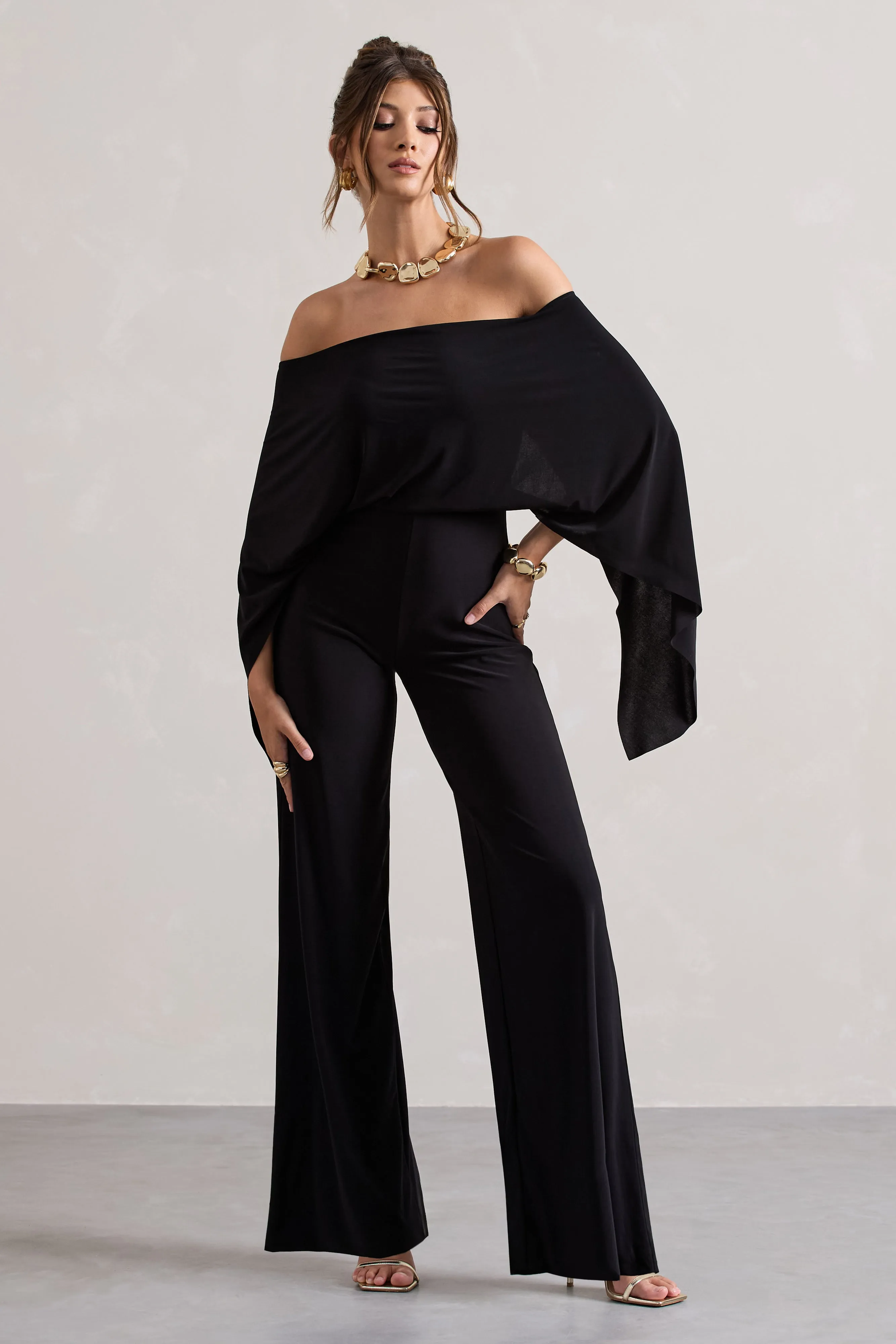 Kori | Black Bardot Straight-Leg Jumpsuit With Cape