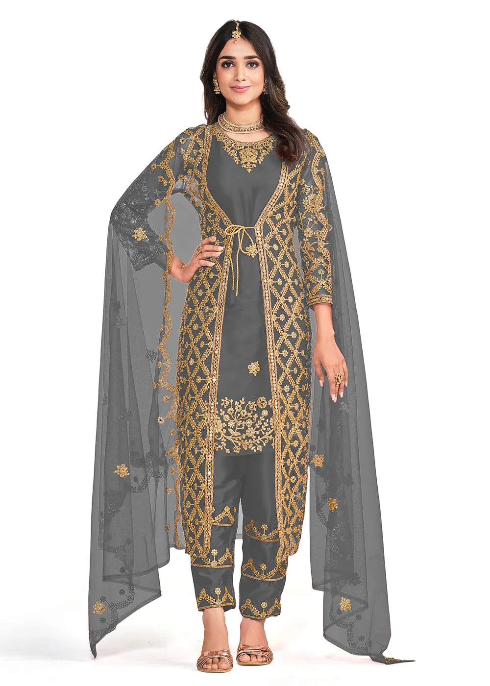 Koti Style Coveted Grey Patterned Festive Salwar Suit