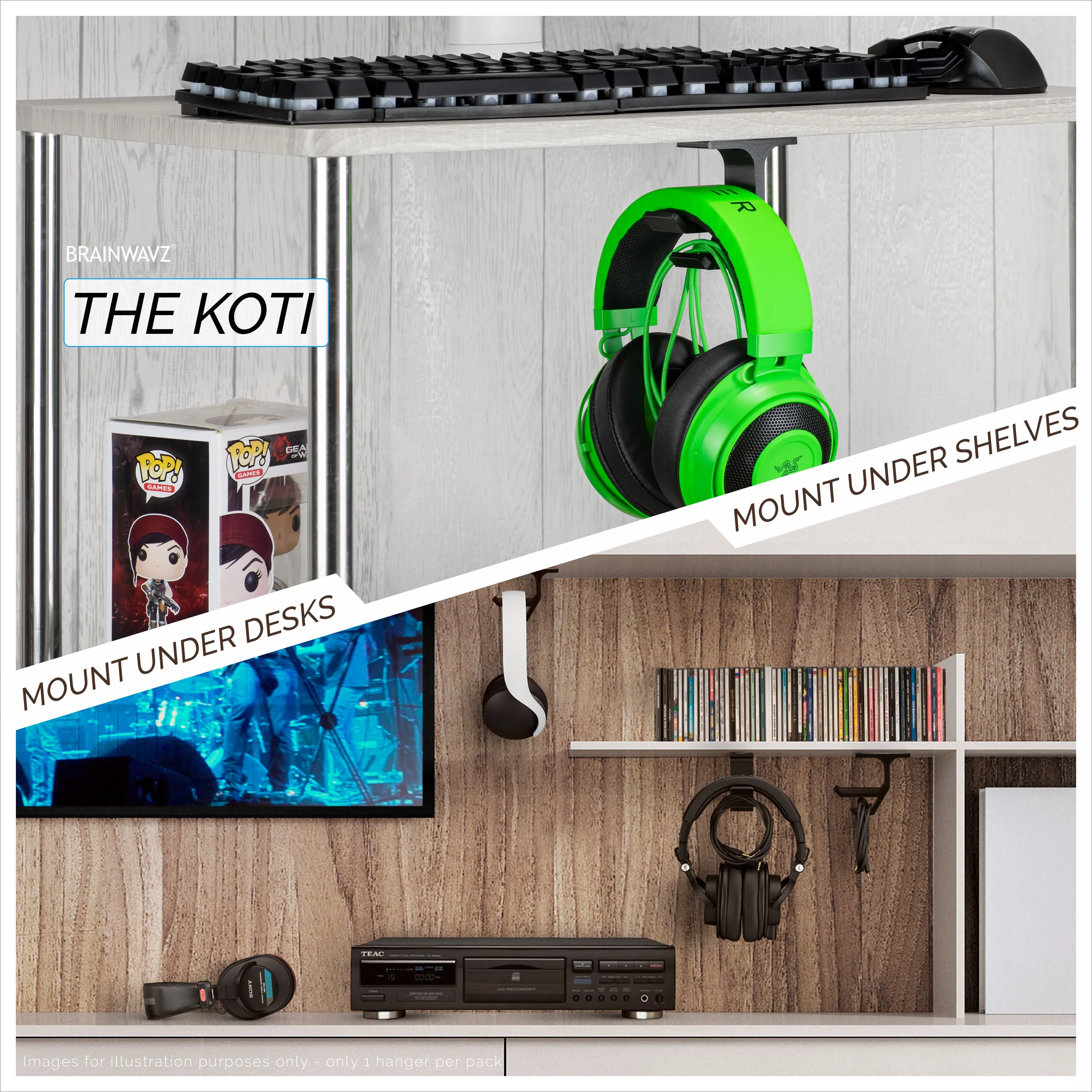 Koti - Under Desk Headphone Hanger  Holder With Cable Storage