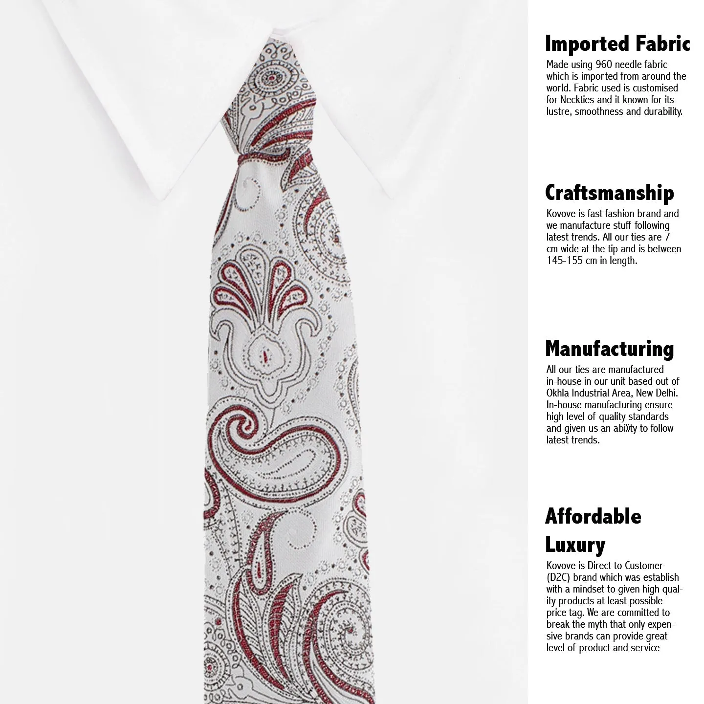 Kovove Exotic White Paisley Necktie and Pocket Square Gift Box