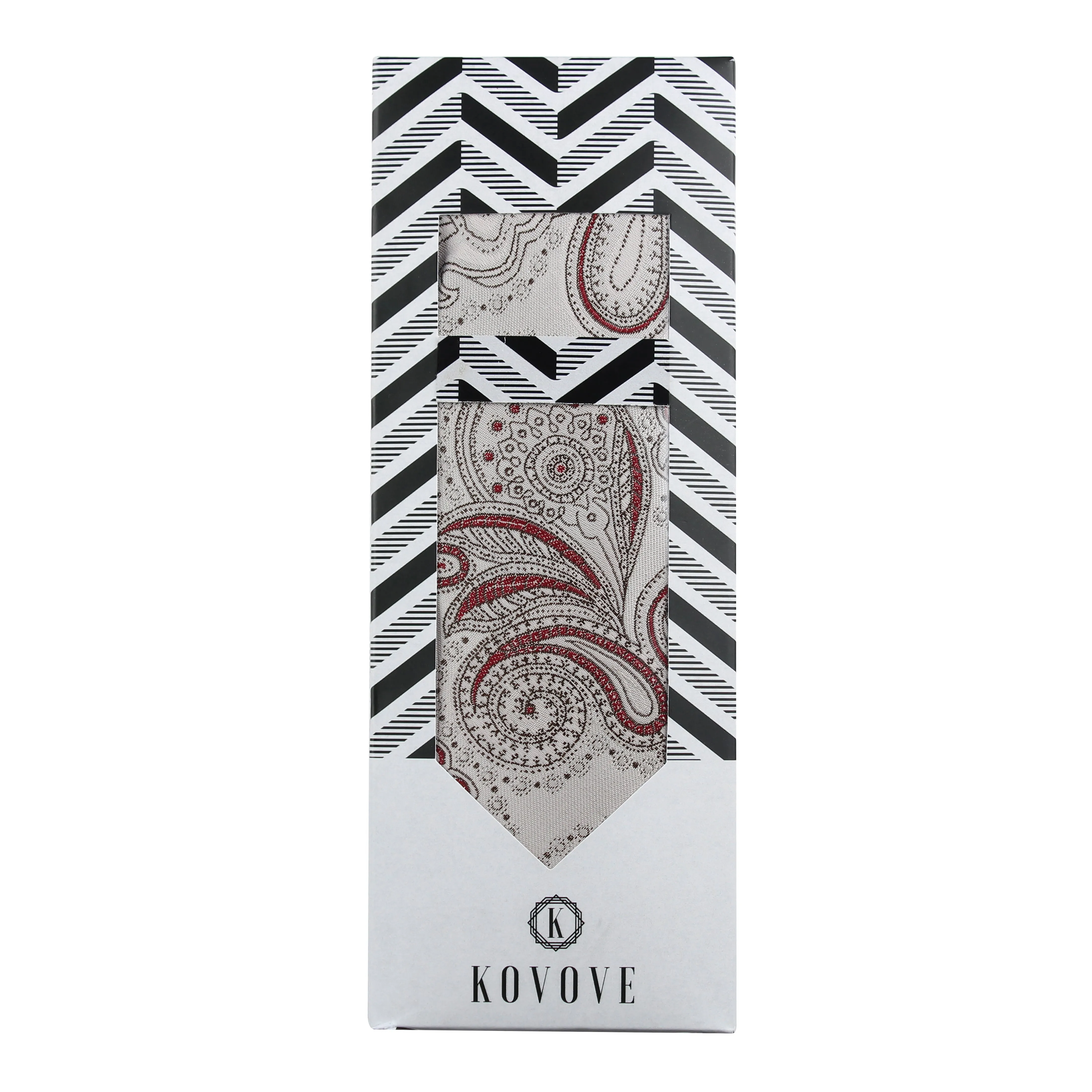 Kovove Exotic White Paisley Necktie and Pocket Square Gift Box