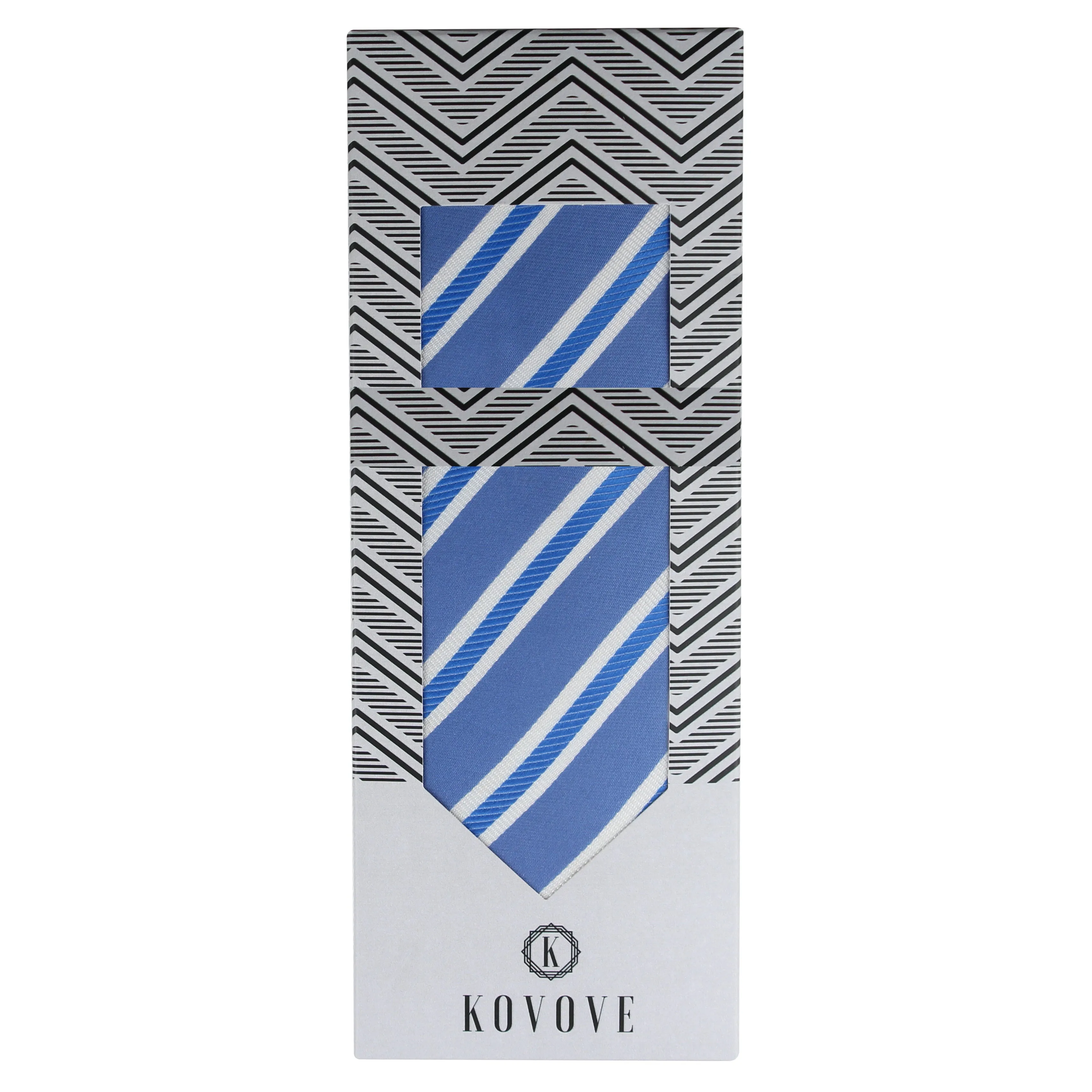 Kovove The Blue Ocean Striped Sky Blue Necktie and Pocket Square Gift Box