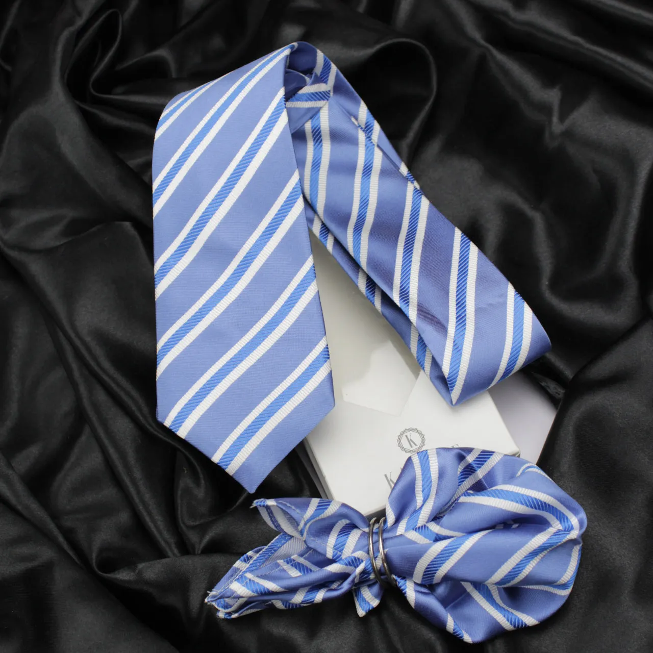 Kovove The Blue Ocean Striped Sky Blue Necktie and Pocket Square Gift Box