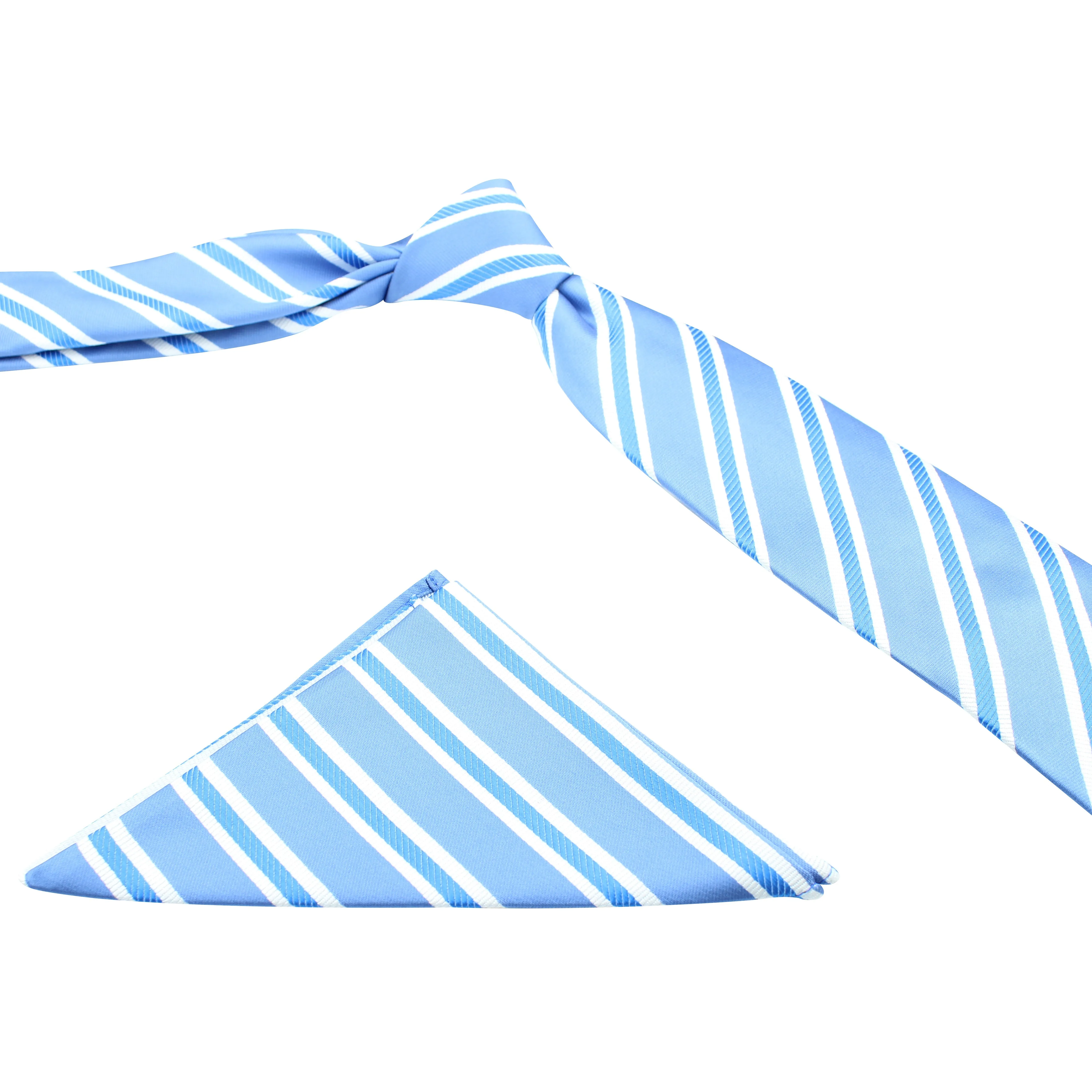 Kovove The Blue Ocean Striped Sky Blue Necktie and Pocket Square Gift Box