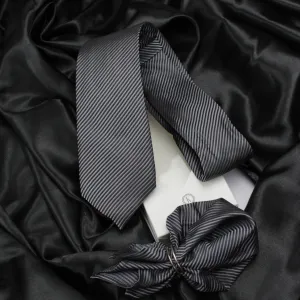 Kovove The Phoenix Striped Black Necktie and Pocket Square Gift Box