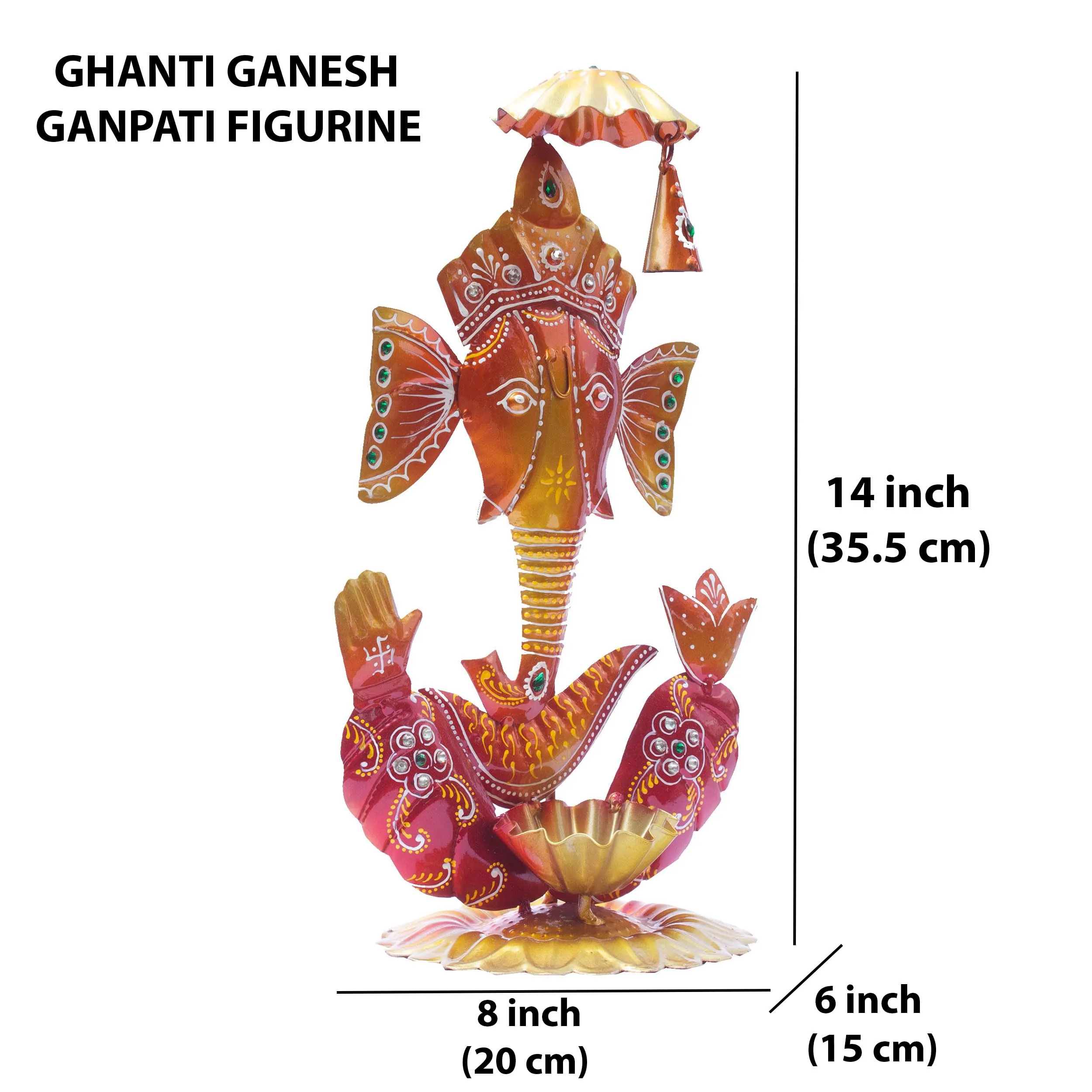 Kraftskala Ganesh Ghanti Diya TeaLight Candle Holder Tabletop Figurine Vibrant Metal Ganpati Statue with Mukut Showpiece for Living Room Home Decor, Home Temple, Diwali Gift (Ghanti Ganesh)