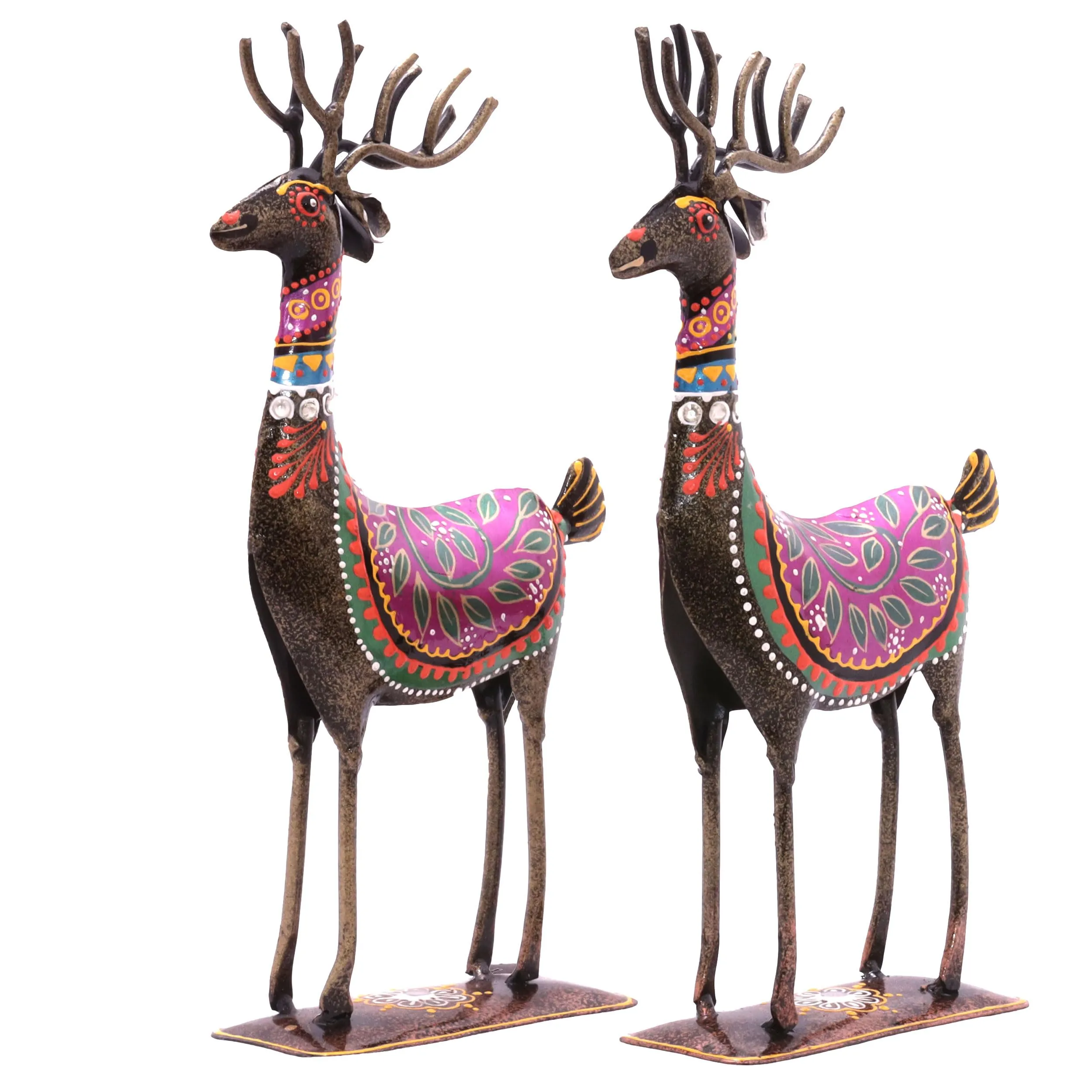 KRAFTSKALA Handpainted Iron Deer Showpiece Set of 2 Vibrantly Coloured Tabletop Liiving Room Office Home Decor Gift Item 10.5x4.5 inch (Deer Set)