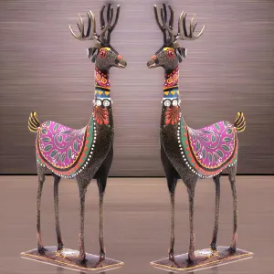 KRAFTSKALA Handpainted Iron Deer Showpiece Set of 2 Vibrantly Coloured Tabletop Liiving Room Office Home Decor Gift Item 10.5x4.5 inch (Deer Set)