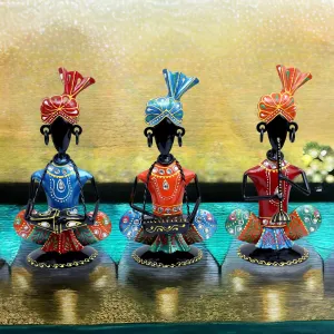 KRAFTSKALA Rajasthani Musicians Showpiece Set of 3 Tribal Musicians Iron Statue Table Decoration Item for Living Room, Home, Office, Gifts