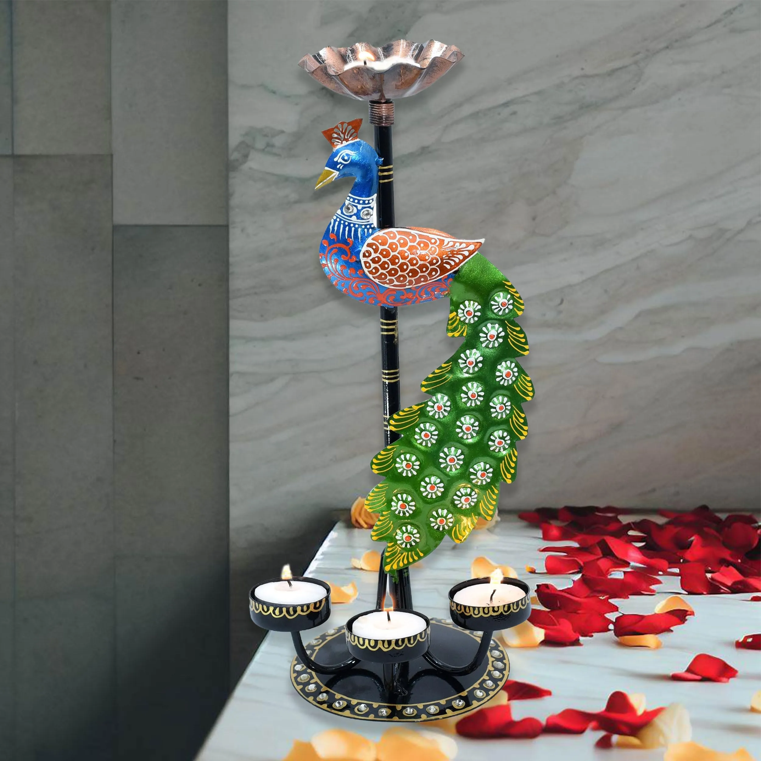 Kraftskala Tea Light Candle Holder Decorative Peacock Showpiece Metal Figurine 4 Candle Diya Burner Slots for Living Room, Diwali Gifts, Home Decor