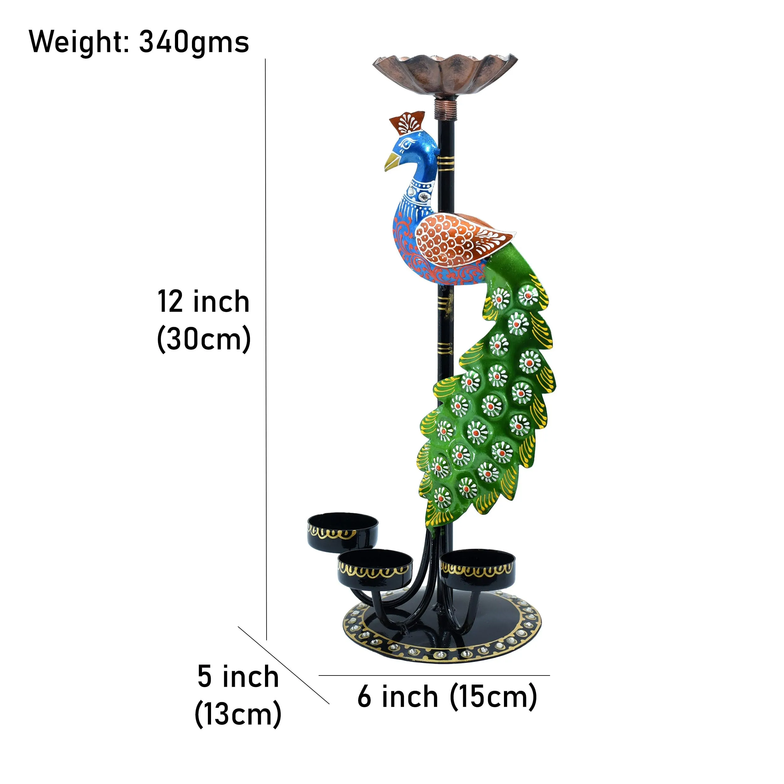 Kraftskala Tea Light Candle Holder Decorative Peacock Showpiece Metal Figurine 4 Candle Diya Burner Slots for Living Room, Diwali Gifts, Home Decor