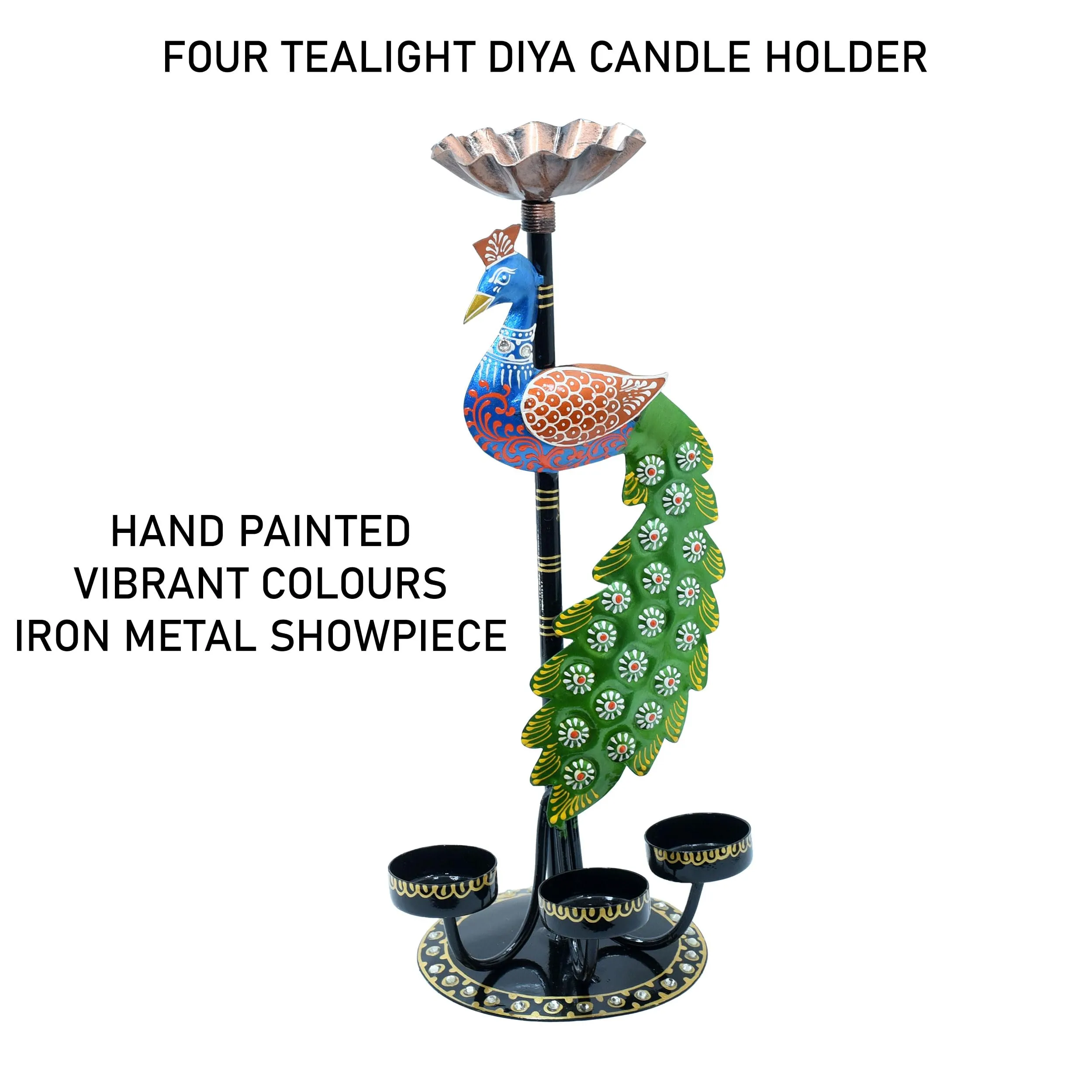 Kraftskala Tea Light Candle Holder Decorative Peacock Showpiece Metal Figurine 4 Candle Diya Burner Slots for Living Room, Diwali Gifts, Home Decor