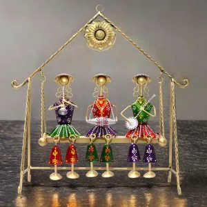 KRAFTSKALA Three Rajasthani Musician Dolls Swing Set Home Decor Items for Living Room, Large 16 x 16 inch Metal Tabletop Showpiece Hanging Jhula for Centertable, Shelf, Gifting