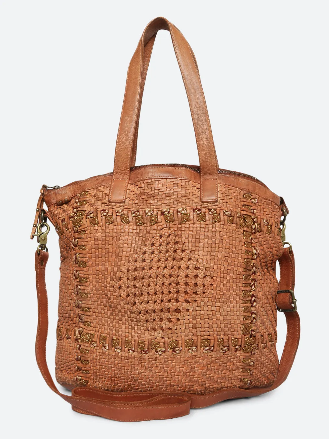 Krishi: Cognac Woven Tote Shopper Bag In Black Leather