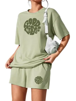 KSHS Women's Pista Green Cotton Printed Night Suit Set of Top & Shorts