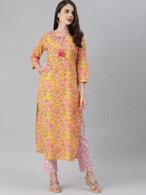 KSUT Mustard And Pink Kalamkari Printed Kurta With Printed Pants