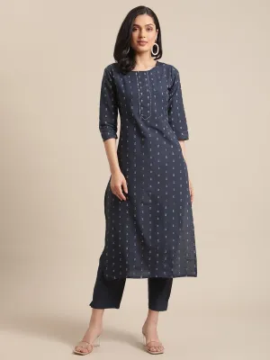 Ksut Navy Blue White Printed Regular Beads Stones Kurta With Trousers