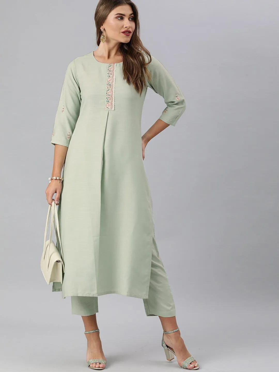 KSUT Sea Green Floral Embroidery Kurta With Palazzo