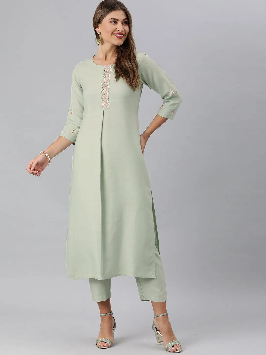 KSUT Sea Green Floral Embroidery Kurta With Palazzo