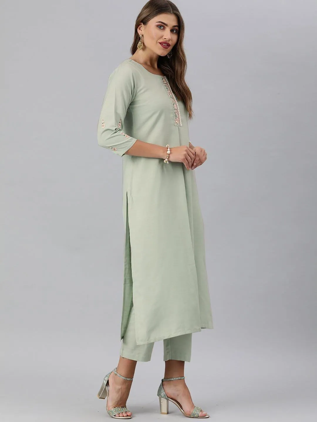 KSUT Sea Green Floral Embroidery Kurta With Palazzo