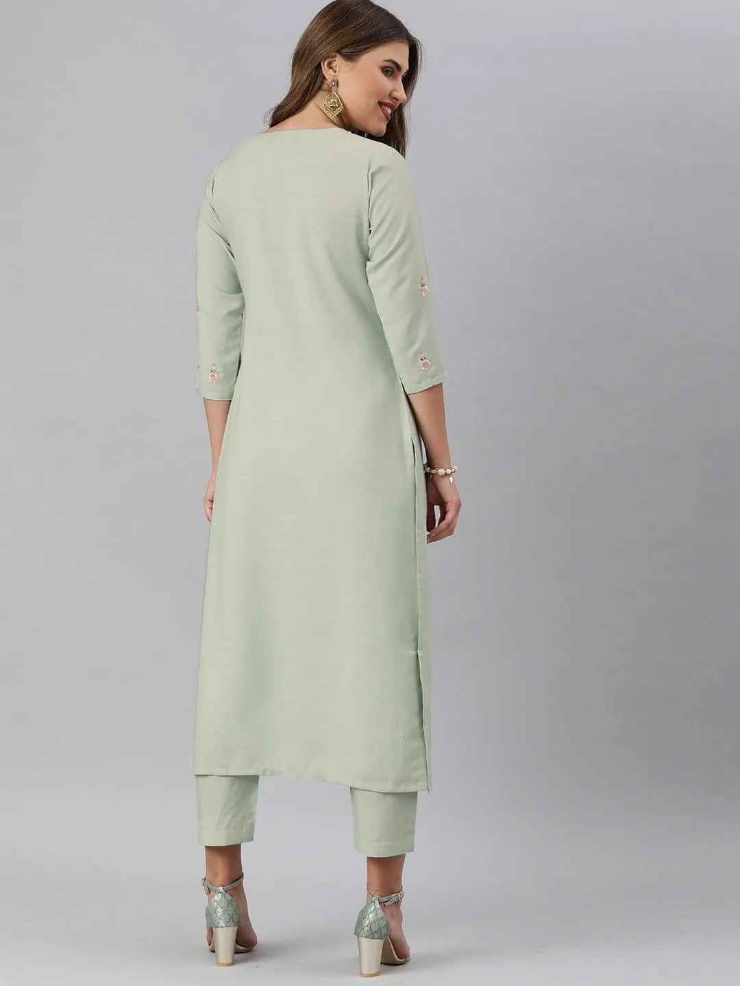 KSUT Sea Green Floral Embroidery Kurta With Palazzo