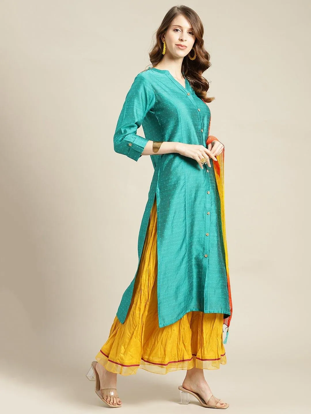 KSUT Turquoise Blue & Mustard Yellow Kurta With Palazzos & Dupatta